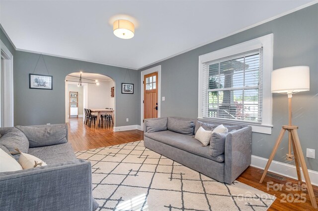 living room featuring baseboards, crown molding, arched walkways, and light wood-style floors