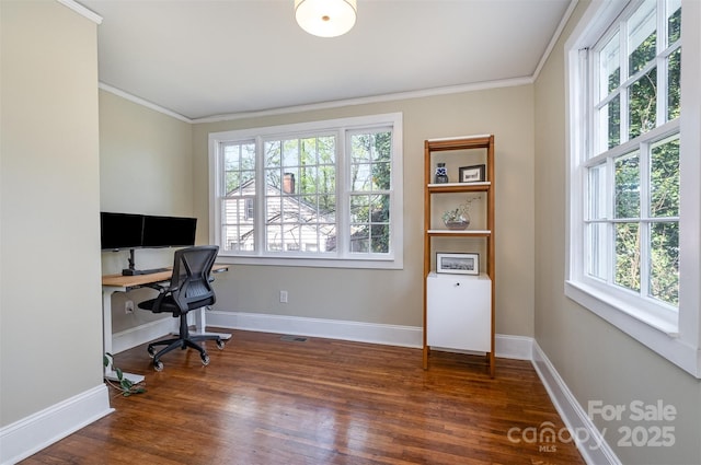 home office featuring dark wood-type flooring, baseboards, and crown molding