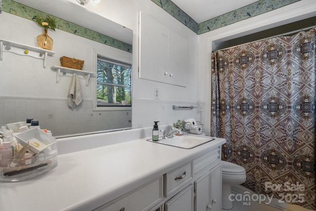3407 14th Ave SW, Hickory, NC 28602 - full bathroom featuring tile walls, vanity, and a shower with shower curtain