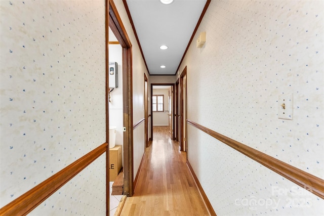 4107 Windwood Dr, Gastonia, NC 28056 - hallway featuring wallpapered walls, light wood-style flooring, recessed lighting, and baseboards