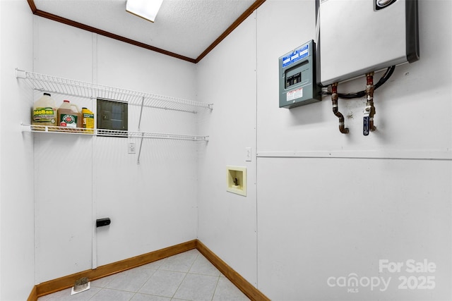 4107 Windwood Dr, Gastonia, NC 28056 - laundry area featuring ornamental molding, hookup for a washing machine, light tile patterned floors, a textured ceiling, and baseboards