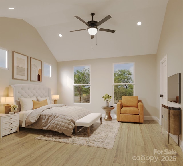 4969 Fitzgerald Ave, Charlotte, NC 28213 - bedroom with vaulted ceiling, light wood-style flooring, recessed lighting, baseboards, and a ceiling fan