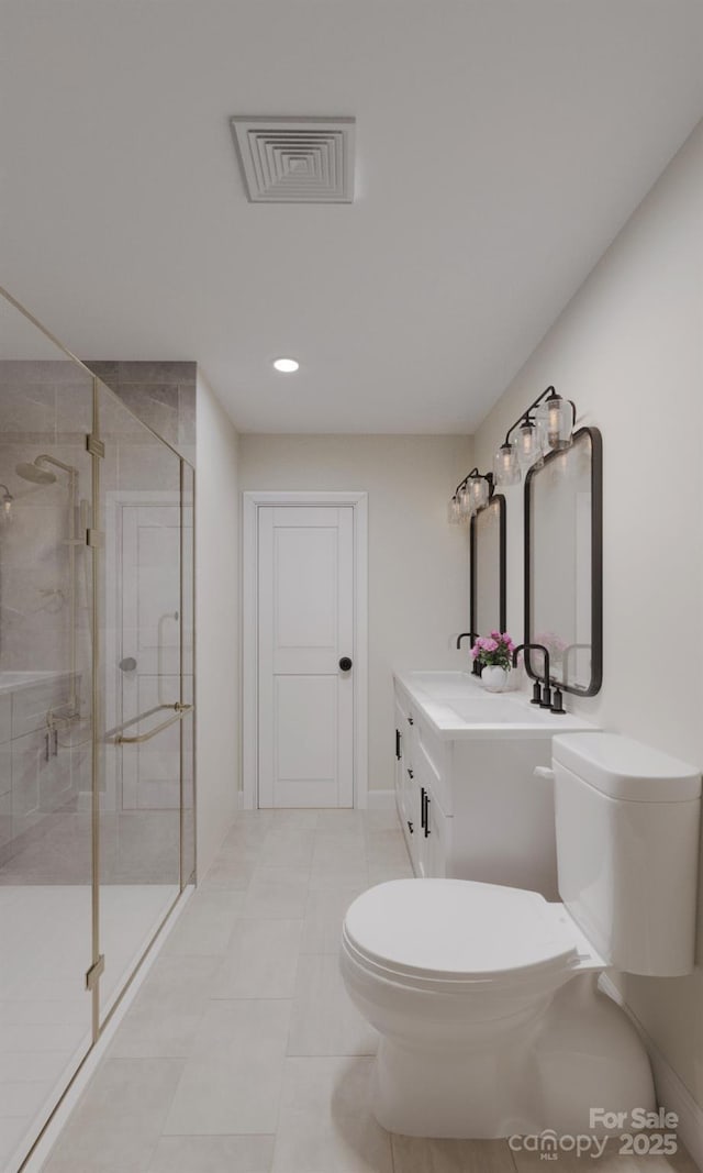 4969 Fitzgerald Ave, Charlotte, NC 28213 - bathroom featuring toilet, double vanity, a stall shower, tile patterned floors, and recessed lighting