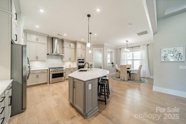 kitchen featuring stainless steel appliances, decorative backsplash, a sink, light wood finished floors, and wall chimney range hood