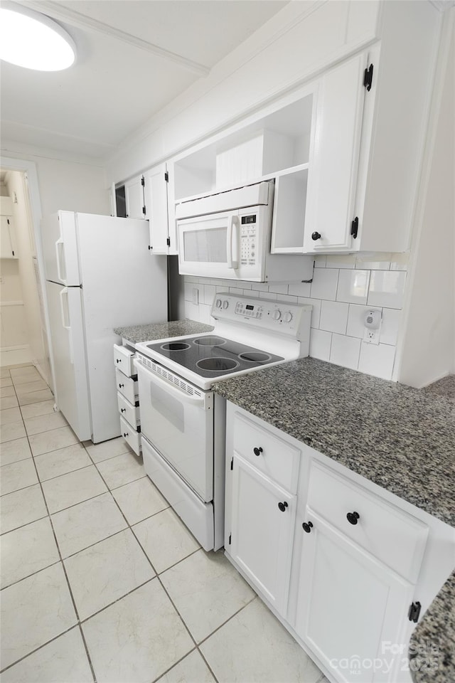 kitchen with white appliances, white cabinets, backsplash, and open shelves