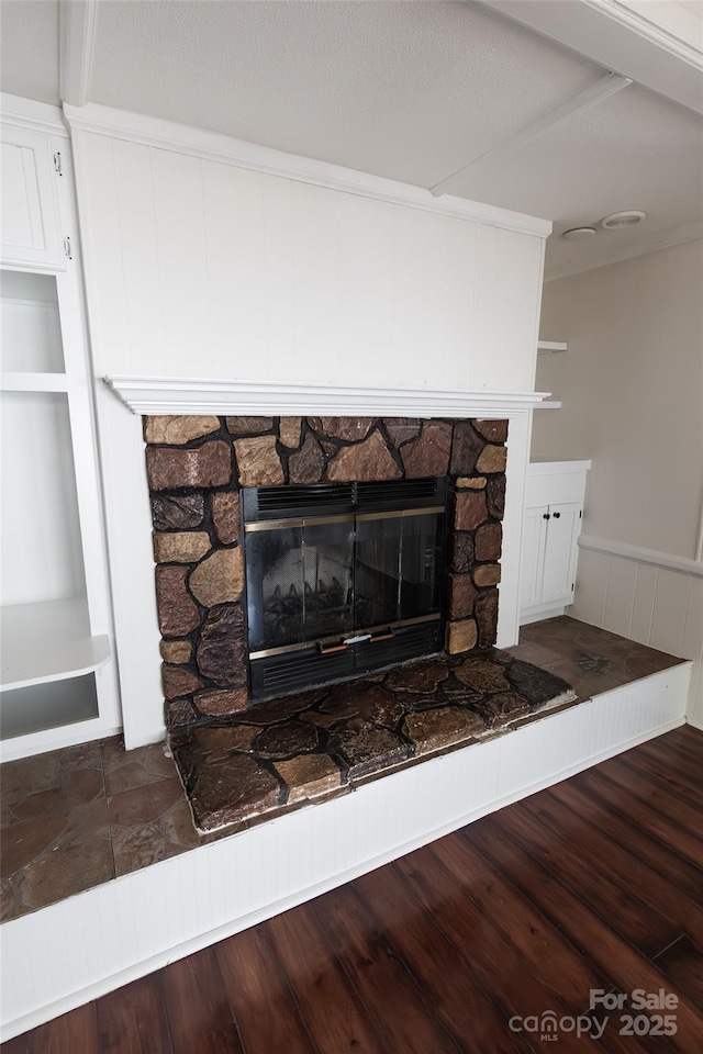 room details with a wainscoted wall, a stone fireplace, and wood finished floors