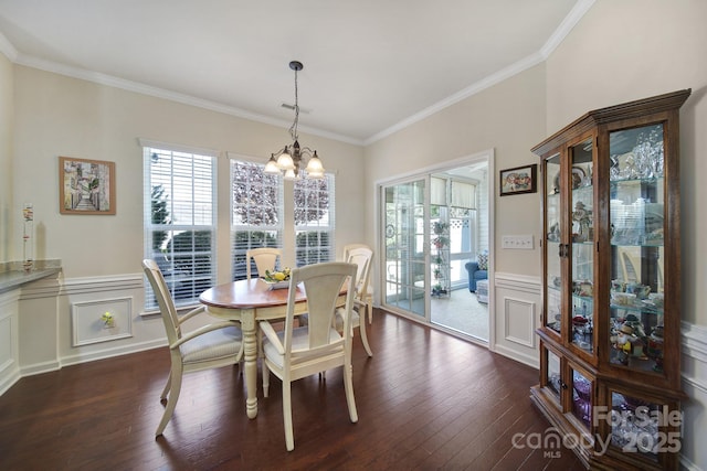 dining room featuring dark wood-style flooring, wainscoting, and plenty of natural light