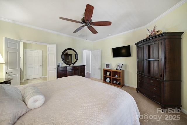 bedroom featuring a ceiling fan, baseboards, ornamental molding, and carpet floors