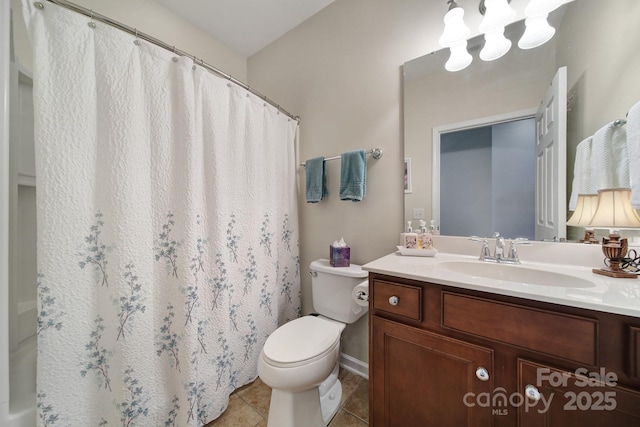 full bathroom featuring a shower with shower curtain, tile patterned flooring, vanity, and toilet