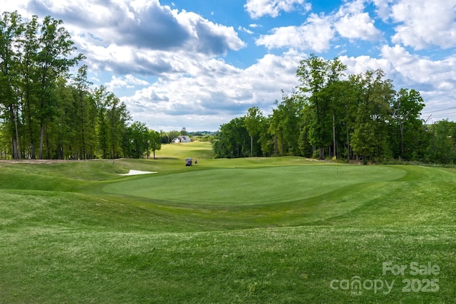 view of community with view of golf course and a yard