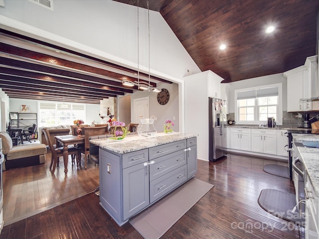 605 Allen Way, Indian Trail, NC 28079 - kitchen with stainless steel fridge, gray cabinets, dark wood-type flooring, white cabinets, and recessed lighting