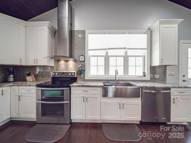 605 Allen Way, Indian Trail, NC 28079 - kitchen featuring stainless steel appliances, lofted ceiling, dark wood-style floors, white cabinetry, and a sink