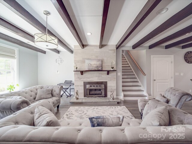 605 Allen Way, Indian Trail, NC 28079 - living room featuring beam ceiling, wood finished floors, stairway, a premium fireplace, and recessed lighting