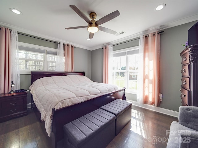 605 Allen Way, Indian Trail, NC 28079 - bedroom with multiple windows, ornamental molding, dark wood-style flooring, recessed lighting, and baseboards
