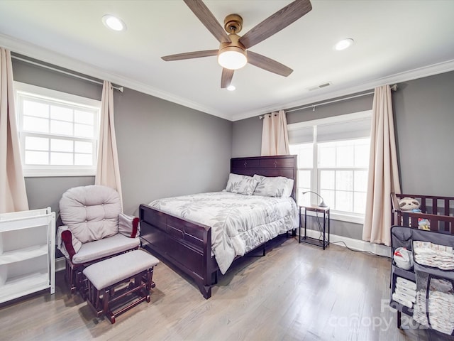 605 Allen Way, Indian Trail, NC 28079 - bedroom featuring ornamental molding, wood finished floors, baseboards, recessed lighting, and a ceiling fan
