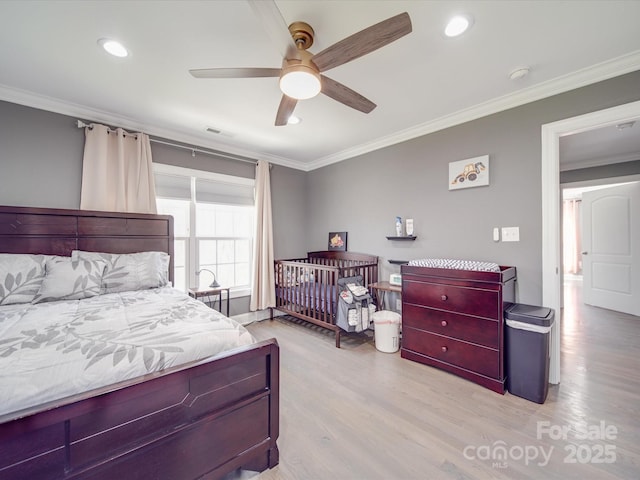605 Allen Way, Indian Trail, NC 28079 - bedroom with crown molding, wood finished floors, recessed lighting, and a ceiling fan
