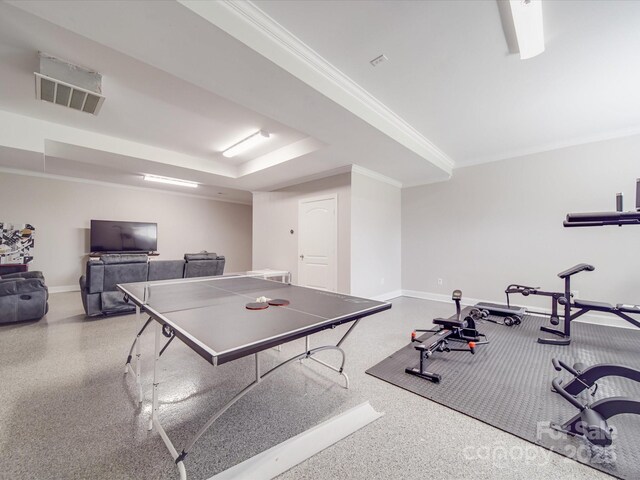 605 Allen Way, Indian Trail, NC 28079 - game room featuring baseboards, speckle patterned floor, crown molding, and a tray ceiling