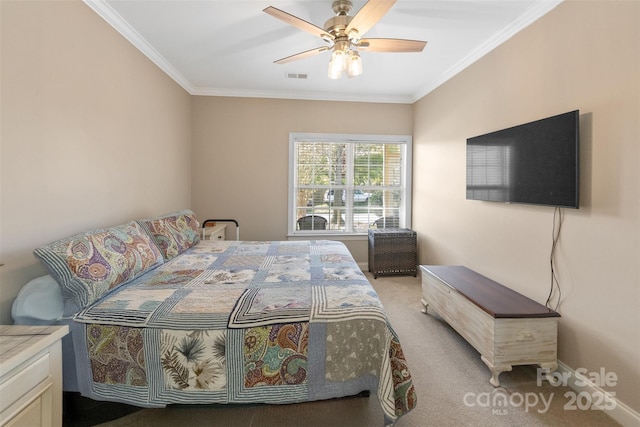 2783 Clover Rd NW, Concord, NC 28027 - bedroom featuring light colored carpet, crown molding, and a ceiling fan