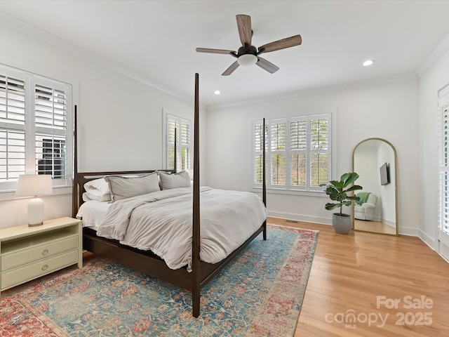911 Abilene Ln, Fort Mill, SC 29715 - bedroom featuring crown molding, light wood-style floors, recessed lighting, and a ceiling fan