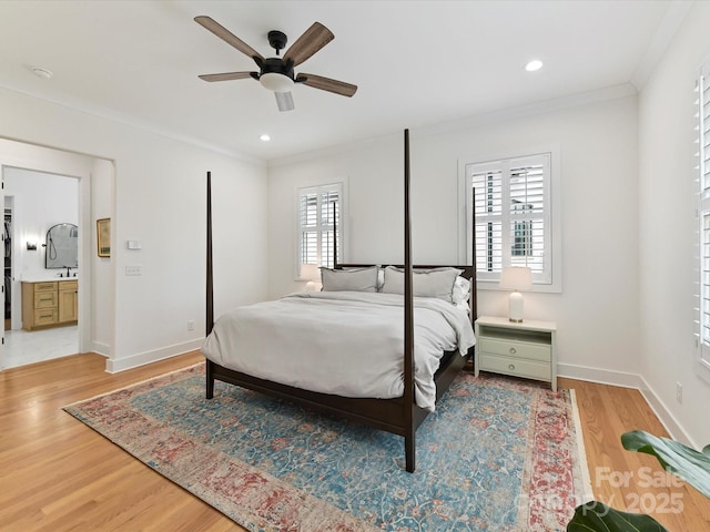 911 Abilene Ln, Fort Mill, SC 29715 - bedroom featuring crown molding, light wood-style flooring, baseboards, a ceiling fan, and recessed lighting