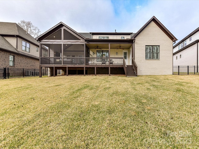 911 Abilene Ln, Fort Mill, SC 29715 - back of house with a ceiling fan, brick siding, and a sunroom