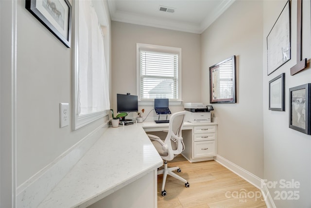 6207 Majesty Ct, Fort Mill, SC 29707 - office area featuring light wood-style flooring, ornamental molding, baseboards, and visible vents