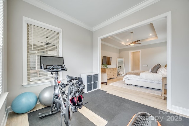 6207 Majesty Ct, Fort Mill, SC 29707 - workout room with a tray ceiling, ceiling fan, and ornamental molding