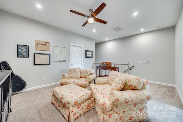 6207 Majesty Ct, Fort Mill, SC 29707 - carpeted living room with baseboards, visible vents, recessed lighting, and a ceiling fan