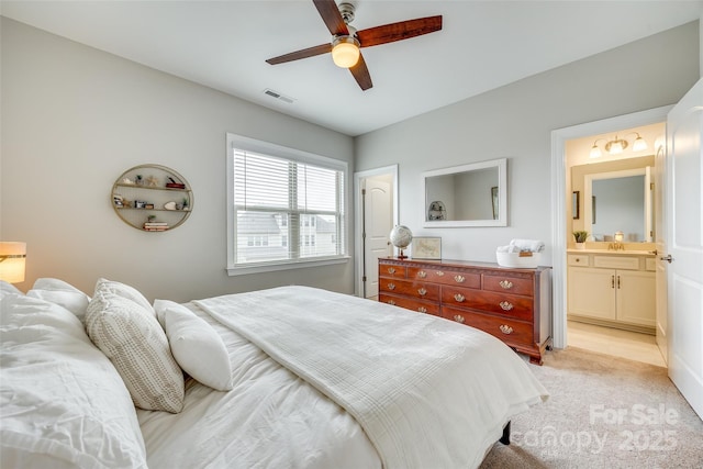 6207 Majesty Ct, Fort Mill, SC 29707 - bedroom with ceiling fan, ensuite bath, light colored carpet, and visible vents