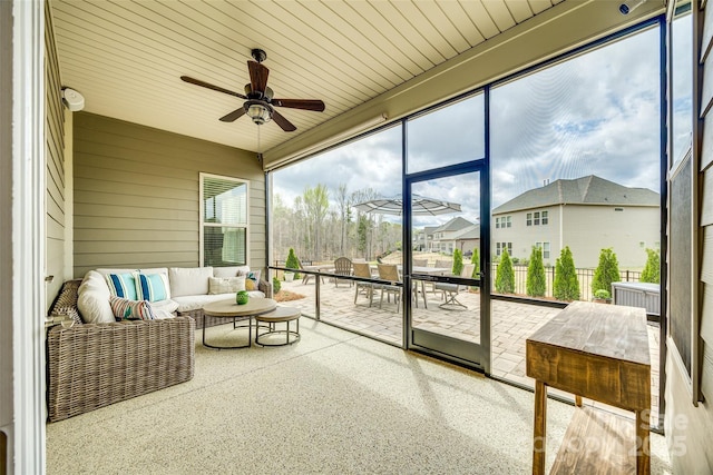 6207 Majesty Ct, Fort Mill, SC 29707 - sunroom featuring an outdoor hangout area, a ceiling fan, and a residential view