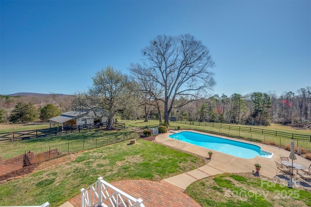 view of swimming pool featuring a fenced backyard, a fenced in pool, a patio, and a yard