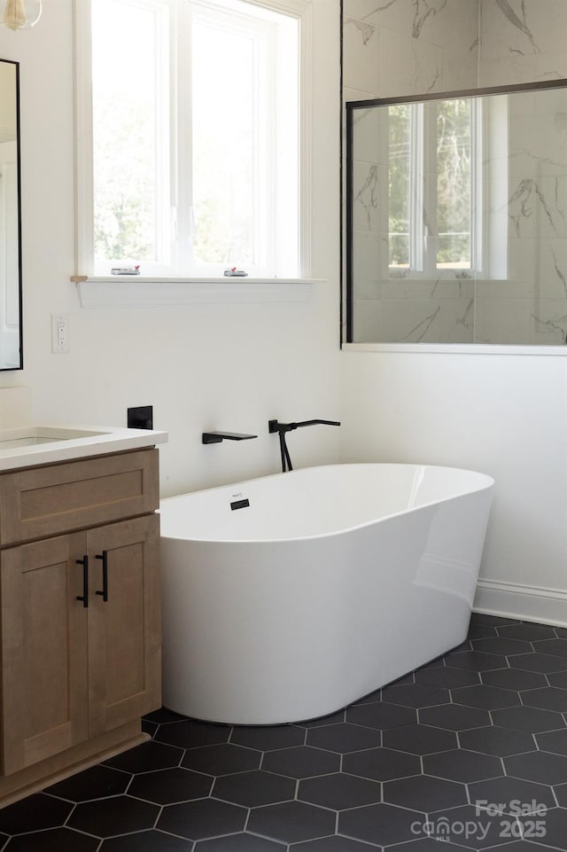 full bath featuring vanity and a freestanding bath