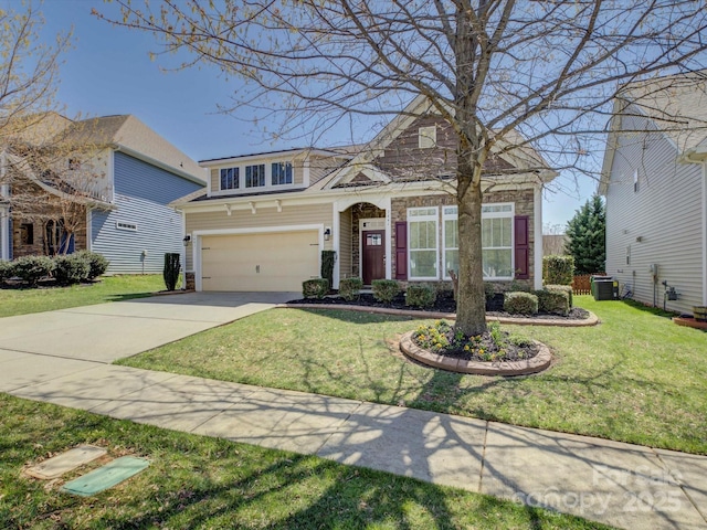 view of front of house featuring central AC, concrete driveway, and a front yard