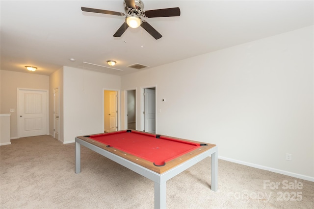 rec room with visible vents, baseboards, ceiling fan, billiards, and light colored carpet