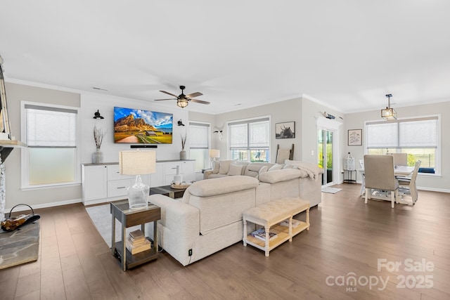 7313 Glenroe Dr, Huntersville, NC 28078 - living room with dark wood-style flooring, a ceiling fan, crown molding, and baseboards