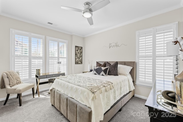 7313 Glenroe Dr, Huntersville, NC 28078 - bedroom featuring light carpet, ornamental molding, baseboards, and ceiling fan