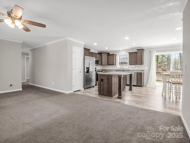 kitchen with open floor plan, ornamental molding, baseboards, light carpet, and appliances with stainless steel finishes