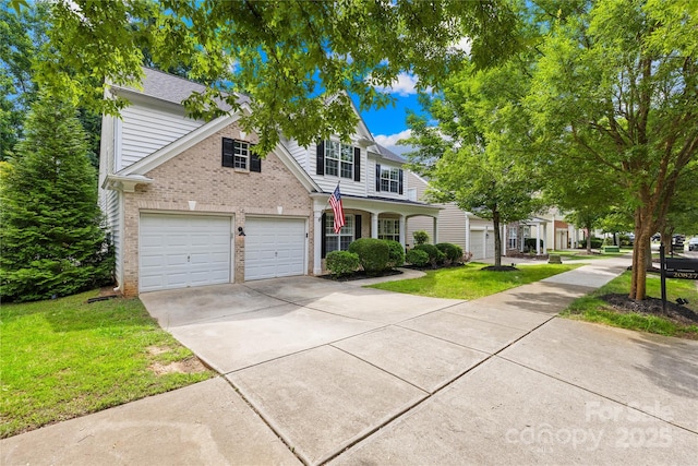 20827 Brinkley St, Cornelius, NC 28031 - traditional-style house with brick siding, a front yard, concrete driveway, a garage, and covered porch