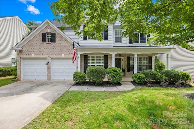 20827 Brinkley St, Cornelius, NC 28031 - traditional-style house featuring brick siding, driveway, a front yard, a porch, and an attached garage