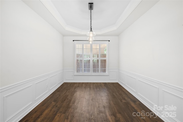 20827 Brinkley St, Cornelius, NC 28031 - unfurnished dining area with a tray ceiling, dark wood-style flooring, wainscoting, and a decorative wall