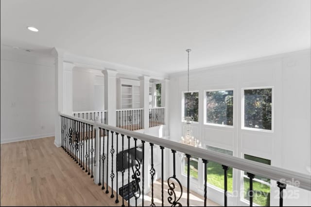 15009 Lisha Ln, Charlotte, NC 28277 - hall featuring an upstairs landing, a chandelier, baseboards, recessed lighting, and light wood-style floors