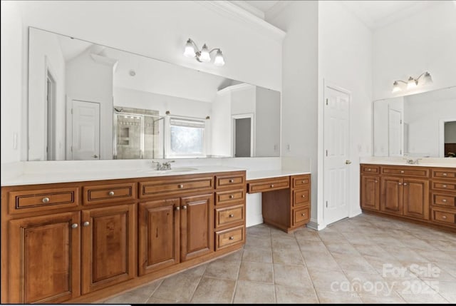 15009 Lisha Ln, Charlotte, NC 28277 - full bath featuring vanity, a shower stall, lofted ceiling, tile patterned flooring, and ornamental molding