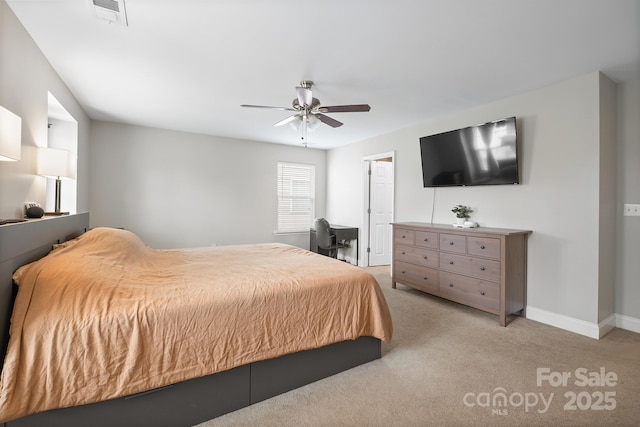 bedroom featuring light colored carpet, visible vents, ceiling fan, and baseboards