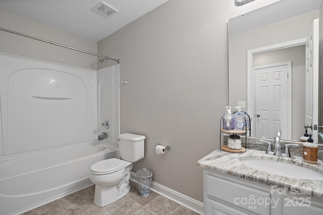 full bathroom with vanity, toilet, baseboards, visible vents, and washtub / shower combination