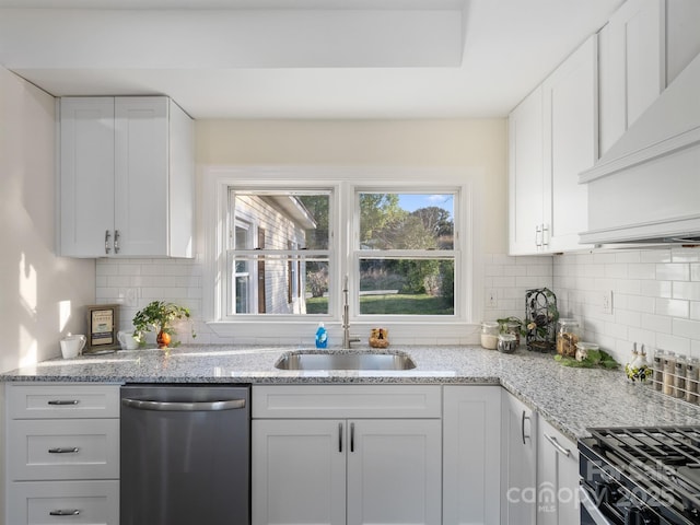 kitchen with white cabinets, a sink, stainless steel dishwasher, and light stone countertops