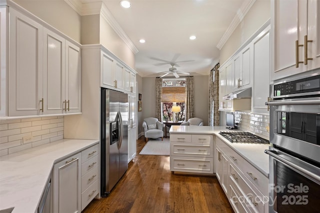 kitchen with a ceiling fan, open floor plan, stainless steel appliances, ornamental molding, and dark wood-style flooring