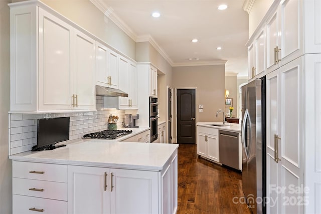 kitchen featuring crown molding, a peninsula, under cabinet range hood, stainless steel appliances, and decorative backsplash