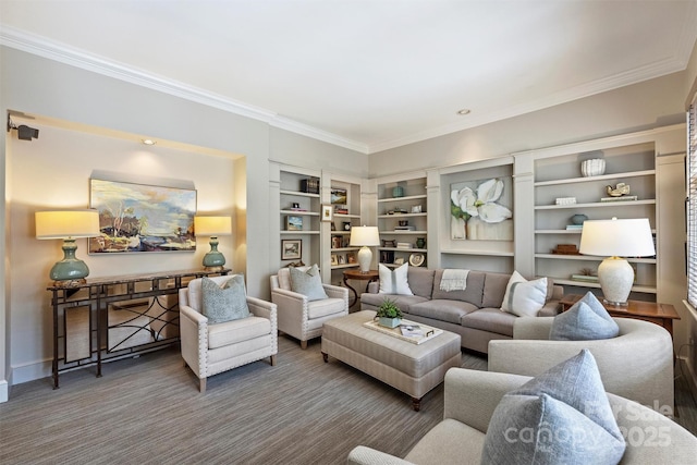 living area featuring crown molding and carpet