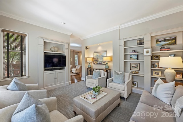 living area featuring built in features and ornamental molding