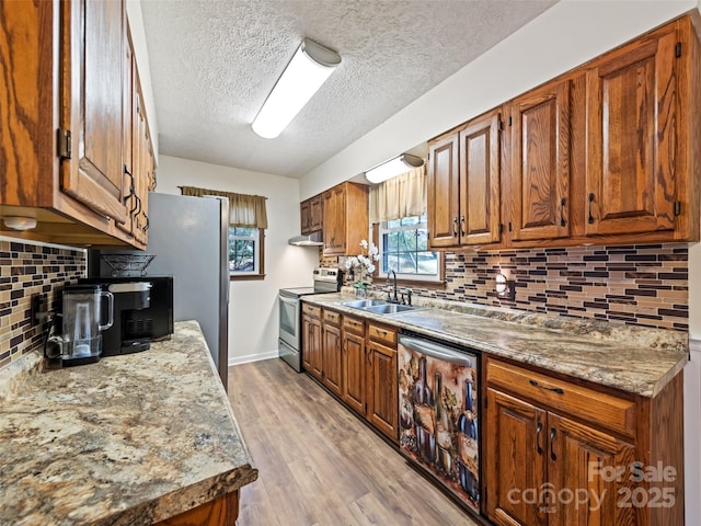 kitchen featuring brown cabinets, a sink, light wood finished floors, stainless steel range with electric stovetop, and backsplash